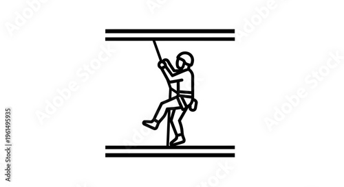 Line icon illustrating a worker performing high-rise window cleaning or building maintenance using