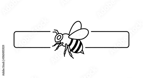 Stylized black and white line art graphic of a flying honeybee interrupting horizontal rectangular