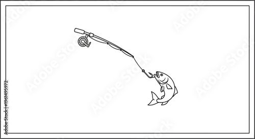 Outline drawing of a fish caught on a hook from a fishing rod and reel