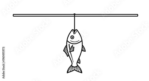 Minimalist black outline drawing of a freshly caught fish hanging on a simple horizontal line