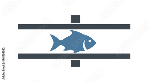 Minimalist blue fish icon inside a stylized rectangular structure representing a container or