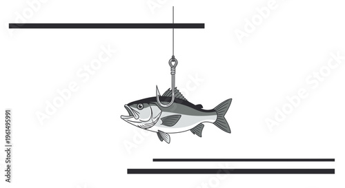 Monochromatic illustration depicting a fish ensnared on a sharp fishing hook suspended by a line