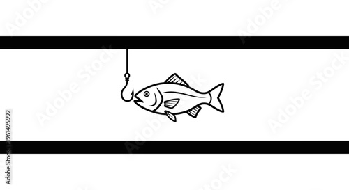 Minimalist monochrome fish icon on a hook with bold borders for various design uses