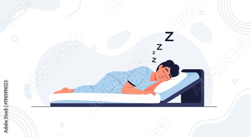 Man sleeping peacefully in bed, Zzz symbol, illustration