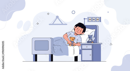 Sick Child in Hospital Bed Hugging Teddy Bear, Feeling Lonely