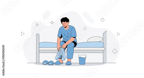Man in blue pajamas sitting on hospital bed, holding clothes, preparing to leave
