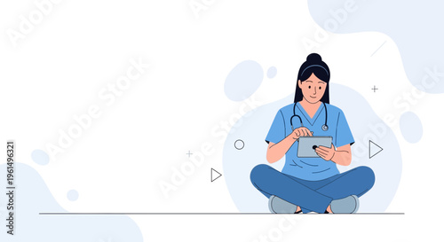 Nurse Sitting Cross-legged with Tablet, Medical Technology Concept