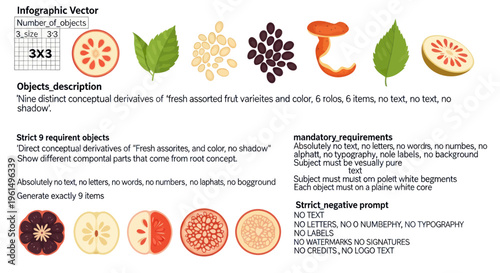 Assorted fresh fruit slices and seeds vector set, colorful natural food elements on white background, healthy organic nutrition illustration