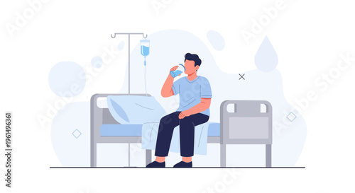 Patient drinking water in hospital bed with IV drip, recovery and healthcare concept