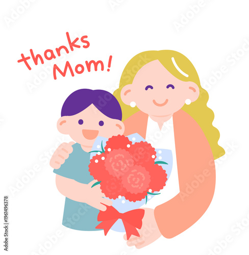 母の日　カーネーションを母親に渡す男の子と肩を抱く母親