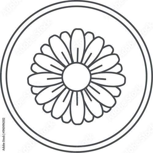 A simple, elegant black and white line art illustration portraying a daisy flower with multiple petals and a clear circular center, enclosed within a double-lined circular frame.
