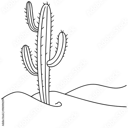 A tall saguaro cactus stands alone in the desert with three main trunks growing from its base.