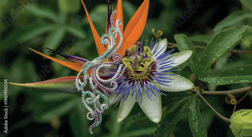 Exquisite emerald and ruby jeweled brooch artfully displayed upon vibrant tropical passion flower blooms and foliage