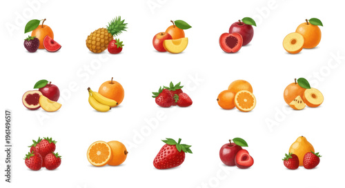 Colorful variety of fresh fruits including apricot, pineapple, strawberry, apple, banana, orange and pear isolated on white background, healthy food concept
