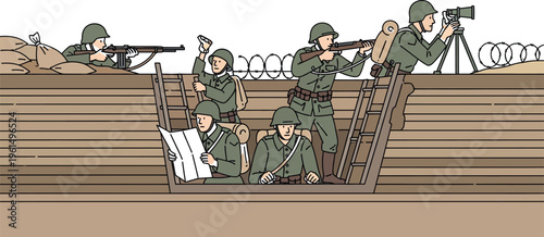 Cartoon illustration depicting a group of armed soldiers positioned in a fortified trench, actively engaged in military operations during a historical conflict.