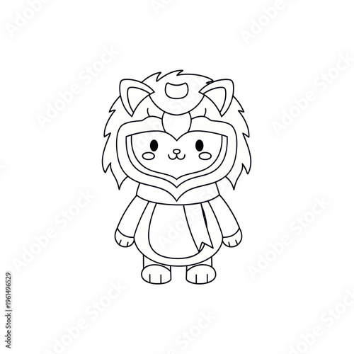 Cute cartoon kitten dressed in a lion costume line art, animal cosplay character illustration for kid coloring book or design