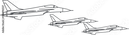 Clean black line art of a dynamic trio of fighter jets soaring in a sequential formation, highlighting military aviation, aerospace, and defense concepts for design.