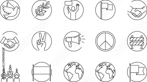 A collection of simple outline icons representing global peace activism harmony diplomacy and protest symbols for design projects
