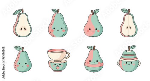 Cute kawaii pears and cups cartoon set with pastel colors and happy faces, adorable fruit cartoon illustrations for children and fun designs