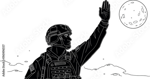Determined soldier in military tactical gear raises his hand towards the distant moon, symbolizing future space exploration, a challenging mission, or a profound call to duty.