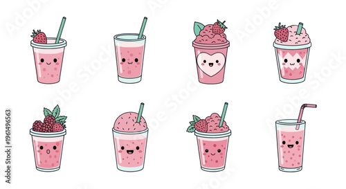 Cute kawaii style pink strawberry smoothies and berry drinks with happy faces, perfect for summer beverage designs and kids menu illustrations
