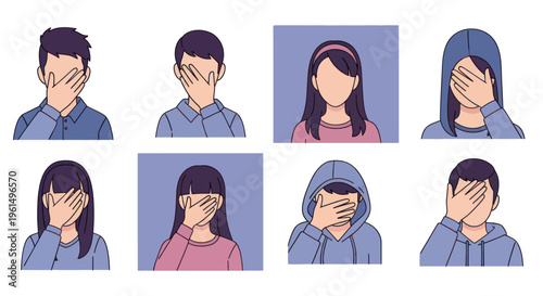 Faceless young men and women covering their faces with hands expressing emotions like shyness or embarrassment, various hairstyles and clothing in a flat vector style