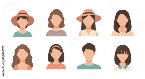 Flat design diverse faceless avatars of men and women in casual clothing and hats for user profile icons and social media usage
