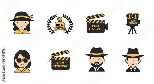 Film festival icons set with people characters, movie clapperboards, camera, and award laurel for cinema and entertainment projects