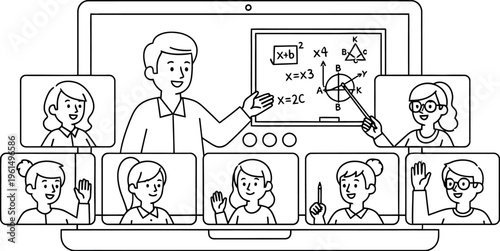 Teacher conducting an engaging online mathematics class on a laptop screen with multiple students actively participating remotely