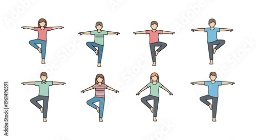 Group of diverse people practicing yoga tree pose illustration, balanced fitness exercise for health and mindfulness