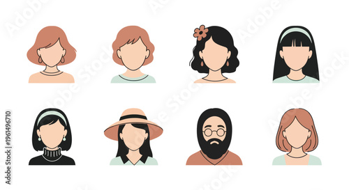 Set of diverse faceless avatars including different hairstyles, accessories, and clothing styles for social media, profile, or web design use