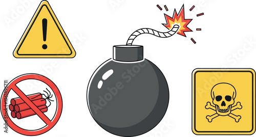 A collection of dangerous symbols and warning signs, including an exploding bomb, a skull and crossbones, and a forbidden dynamite icon, representing various hazards and risks.
