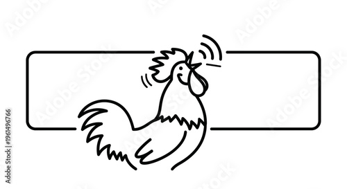 Outline drawing of a cheerful rooster making noise, placed beside a blank rectangular frame for