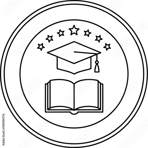 Minimalist black line art emblem perfectly illustrates academic achievement, featuring a graduation cap, an open book, and six stars, signifying knowledge, success, and higher education journey.