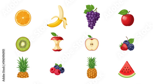 Colorful variety of fresh fruits including banana, grapes, apple, kiwi, pineapple and watermelon for healthy eating and nutrition