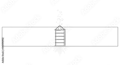 Conceptual line art illustration of a submerged or integrated storage silo with ascending bubbles