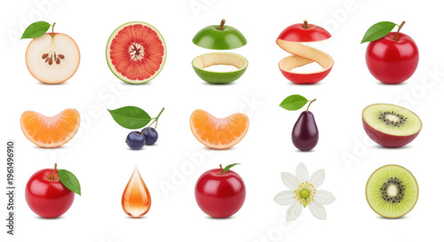 Vector illustration of assorted fresh fruits with slices and flower, healthy natural food icons for design and marketing projects