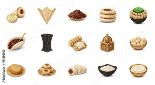 Traditional Middle Eastern sweets and spices assortment with decorative containers and bowls, perfect for cultural and culinary projects