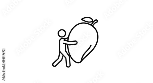 Minimalist vector illustration of a simplified human figure carrying a giant tropical mango fruit