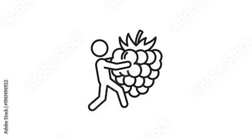 Stylized stick figure character carefully carrying an oversized fresh raspberry harvest icon design