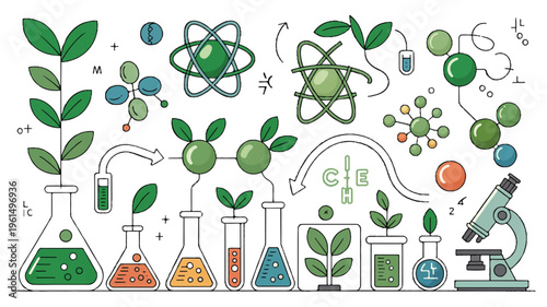 Abstract illustration of plant science concepts, molecules, atoms, flasks, and microscopes, test tube