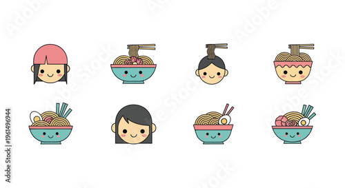Cute cartoon Asian faces and smiling ramen bowls with chopsticks and noodles, kawaii food and character icons perfect for restaurant menus or kids designs