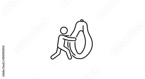 Simple linear graphic of a human figure moving a large fruit promoting wellness