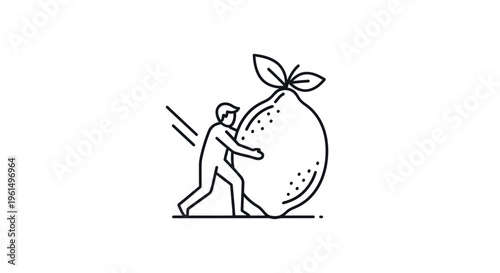 Energetic individual pushing a colossal citrus fruit, symbolizing effort and healthy choices in a