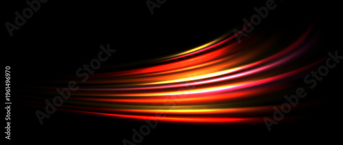 Red light trail element. Glowing neon speed line wave. Hot fire color luminous curved path concept. Abstract orange bent dynamic motion stripes. Bright fiery streaks for poster, banner, flyer. Vector