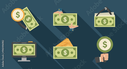 Money Cash Dollar Banknotes Icons.