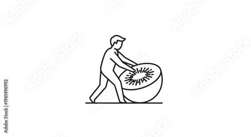 Minimalist line art illustration of a person pushing a giant kiwi fruit half, depicting healthy