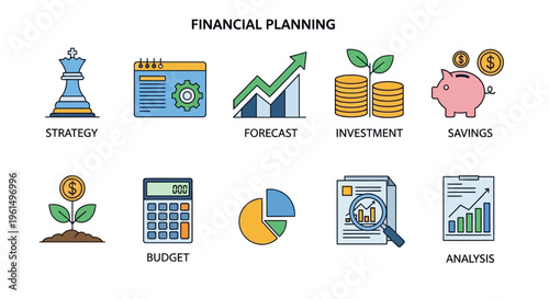 Financial planning and strategy icons set.