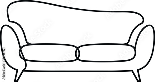 Minimalist black outline vector illustration of a comfortable two-seater sofa, featuring clean lines and a classic curved backrest, perfect for furniture design concepts on a white background.