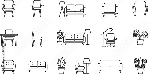 Collection of simple black and white line icons depicting various pieces of modern furniture including sofas chairs tables and potted plants